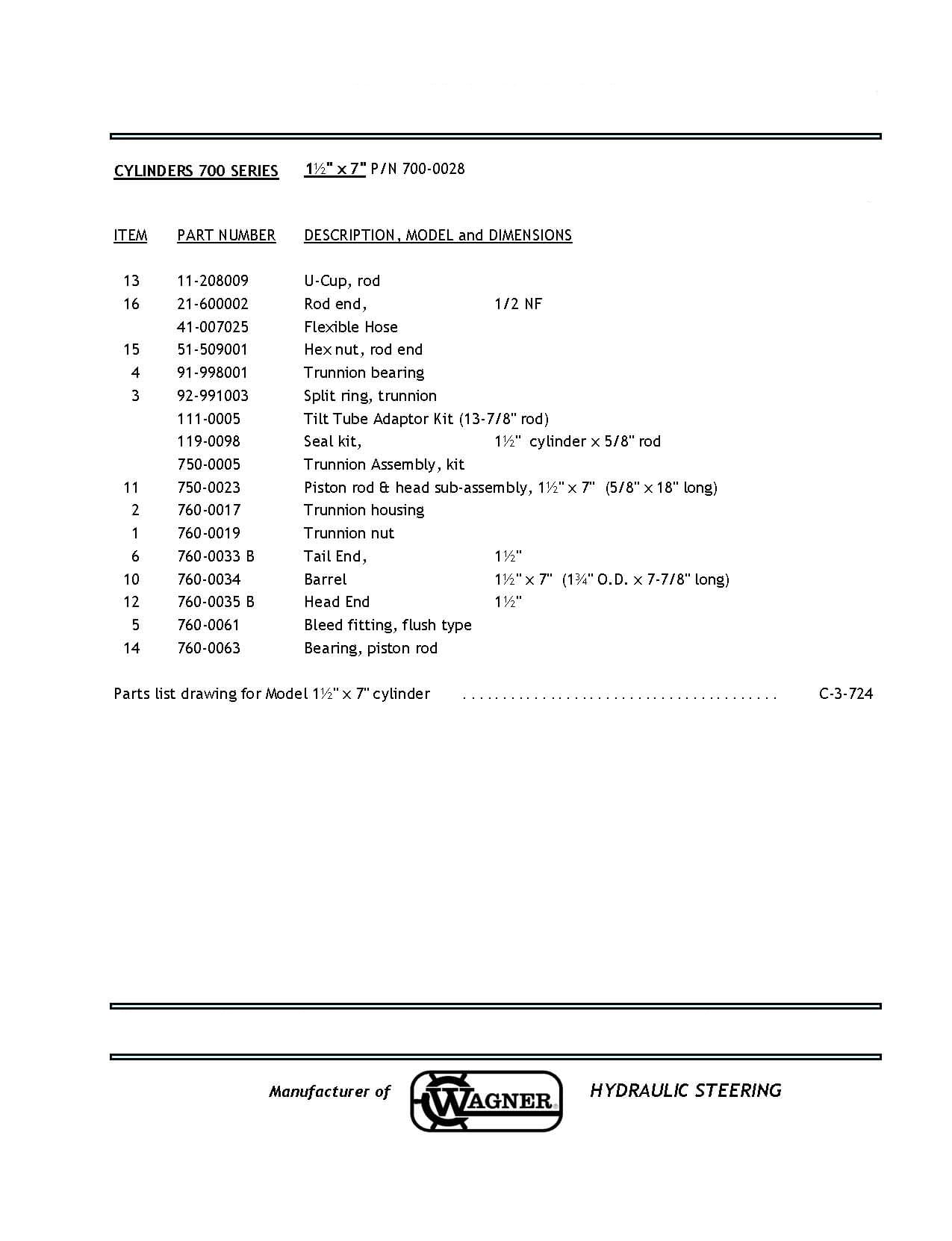 700 Series Assembly Parts List